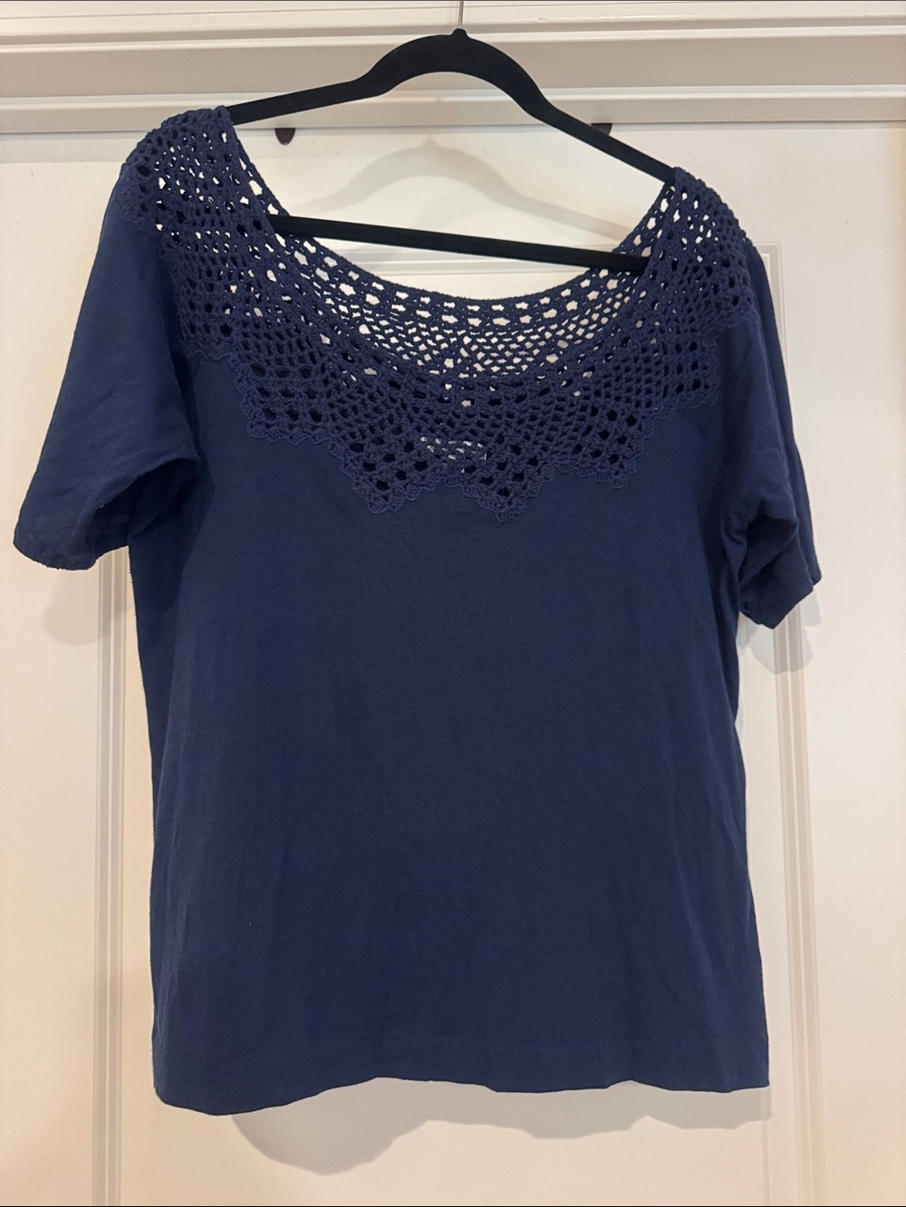 American Eagle Outfitters Navy Crochet Yoke Short Sleeve Tee